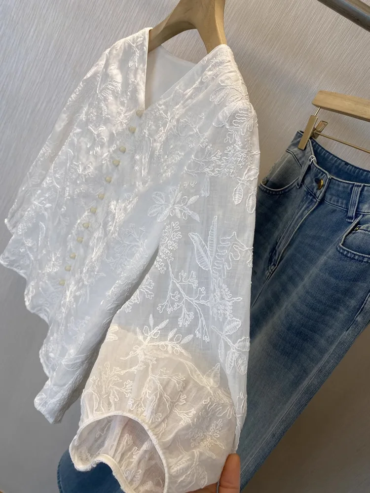 

Французские кружевные топы-рубашки с 3D вышивкой для женщин, весенне-осенняя блузка с v-образным вырезом и длинными рукавами, повседневные пляжные топы для отпуска в богемном стиле