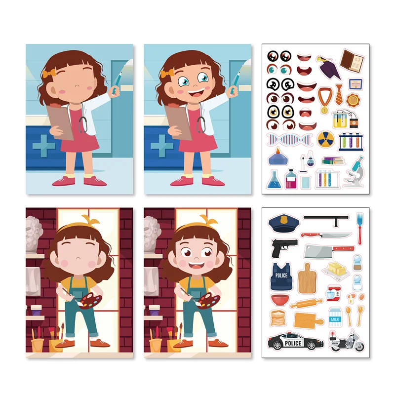 Kids DIY Make A Face Stickers Creative Make Your Own Doctor Chef Police Men Puzzle Stickers Children Boys Girls Education Toys