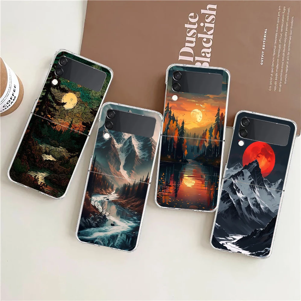 Phone Cover For Samsung Galaxy Z Flip 6 5 4 Case Transparent For Samsung Z Flip 3 Hard PC Foldable Shell Mountain Forest Capas