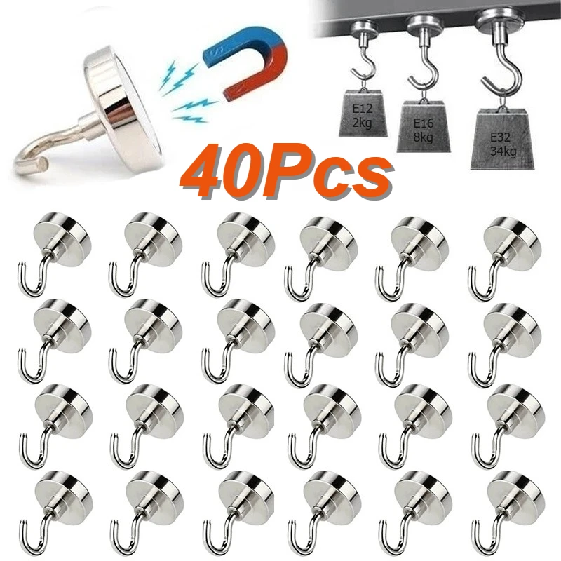 

1-40PCs Magnetic Hooks Strong Heavy Duty Neodymium Magnet Hooks Strong Rare Earth Cruise Hook for Home Kitchen Office Tools