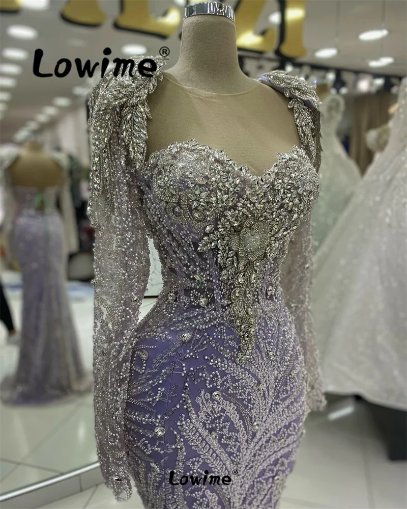 Purple Long Sleeves Luxury Party Dress Engagement Gowns Robe De Soiree Aso Ebi Crystals Mermaid Prom Dress Sequined Evening Gown