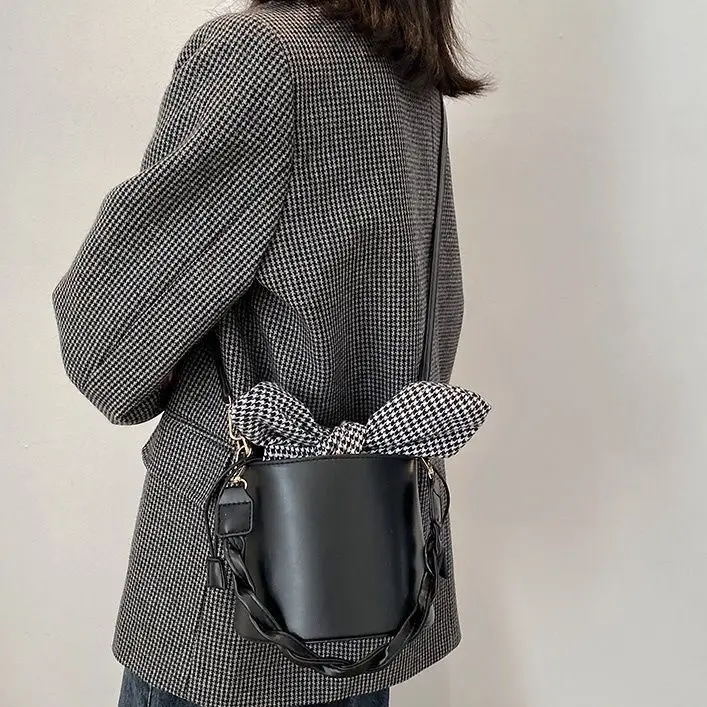 

Cute Bunny Ear Design Bucket Bag Women Houndstooth Patchwork Large Capacity Shoulder Bag Ladies Fashion Versatile Crossbody Bags