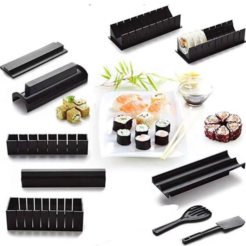 

10pcs Sushi Making Molds Plastic Onigiri Rice Roll Press Tools Black Lightweight Compact DIY Easy Use Home Sushi Maker
