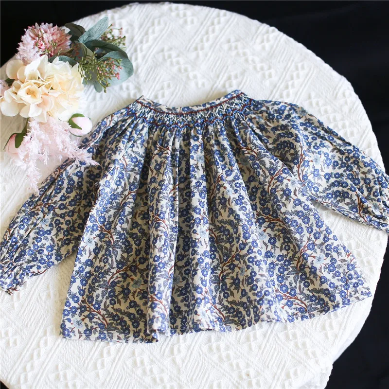 2024 Fashion Summer Girl Blouse Top Princess Blue Floral Shirt Children Smocking Shirt Teenager Girl Luxury Clothing