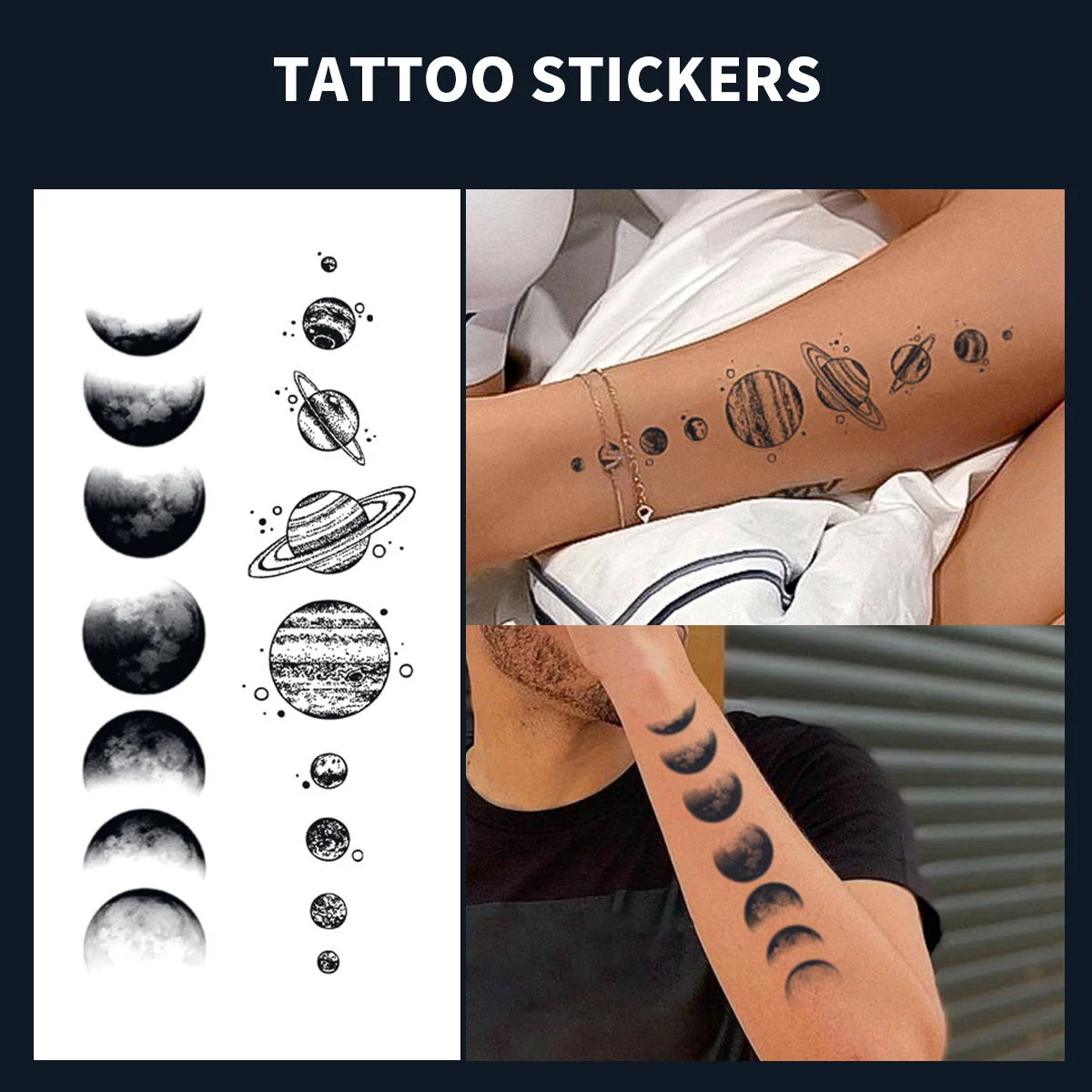 

2 Sheets Cute Cosmos Temporary Tattoo Sticker for Women Body Art Fake Y2k Black Tattoo Universe Planet Pattern Tatoos tatuajes