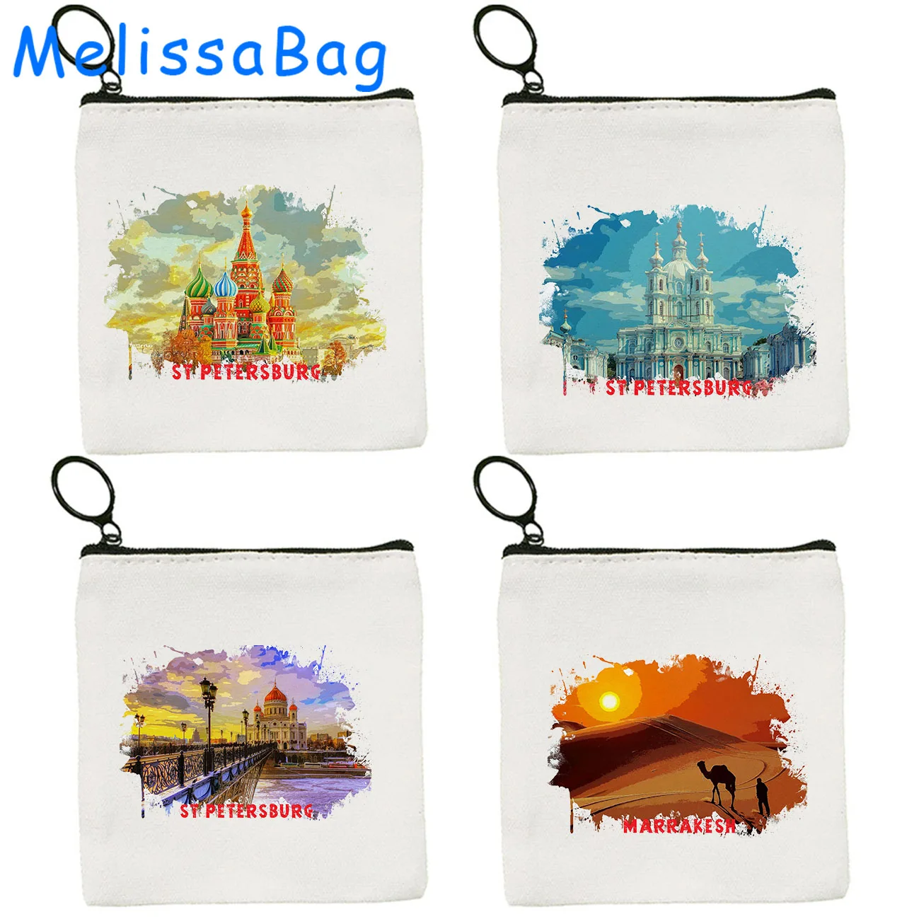 Marrakesh Morocco St Petersburg Saint Petersburg Russia Watercolor Painting Canvas Coin Purse Key Case Bags Wallet Zipper Pouch