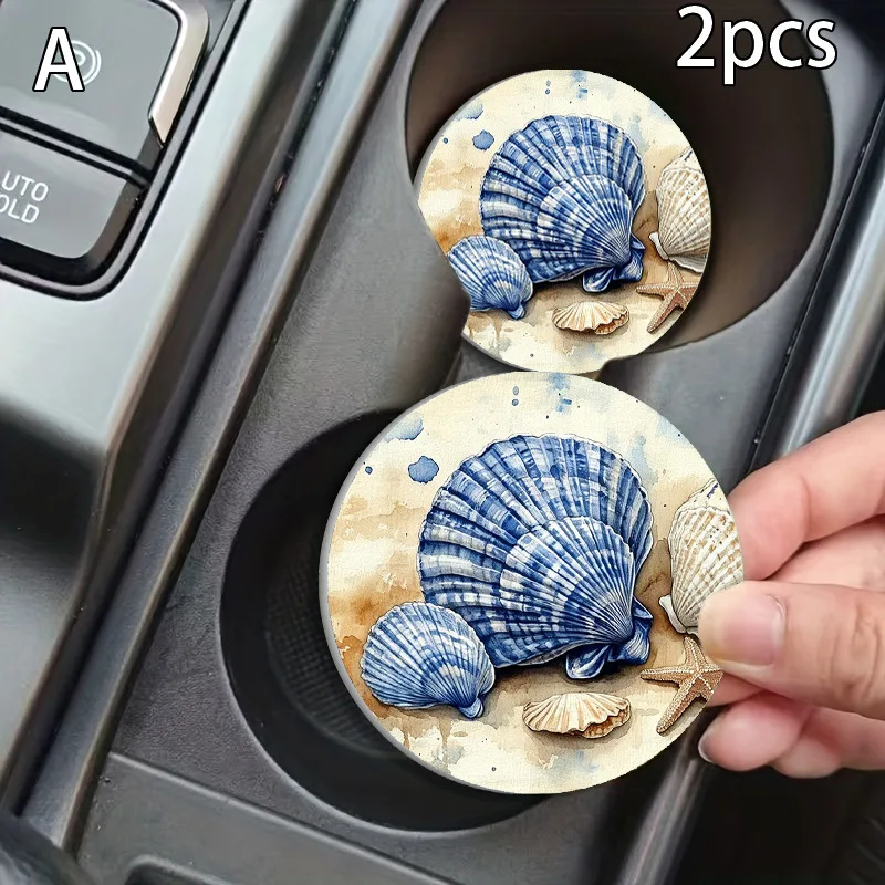 2Pcs Watercolor Seashell Starfish Beach Pattern Leather Car Cup Holder Coasters, Anti Slip Base Waterproof Washable Auto Interio