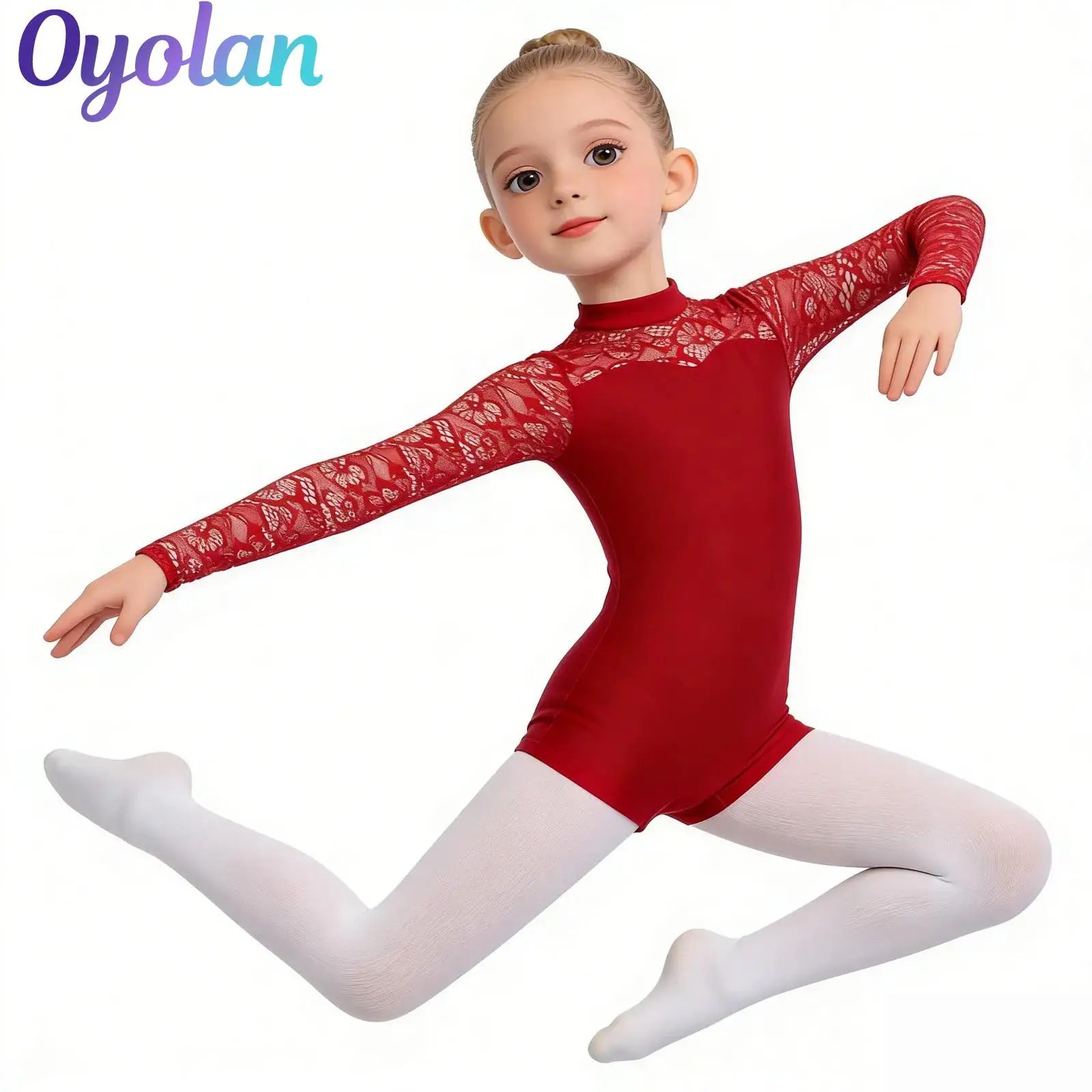 

Детский гимнастический купальник для девочек с кружевными вставками, длинными рукавами и вырезом на спине, для балета и танцев