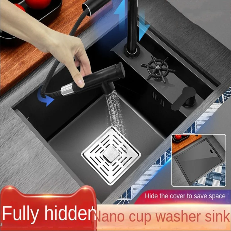 

Invisible sink kitchen small single slot nano 304 stainless steel bar counter western kitchen island mini dish basin with cover