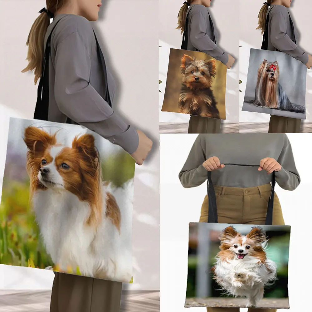 Adorable Papillon Dog Pattern Shopping Bag Kawaii Yorkshire Terrier Dog Women Handbag Puppy Tote Bag Shoulder Bag Shopper Bag