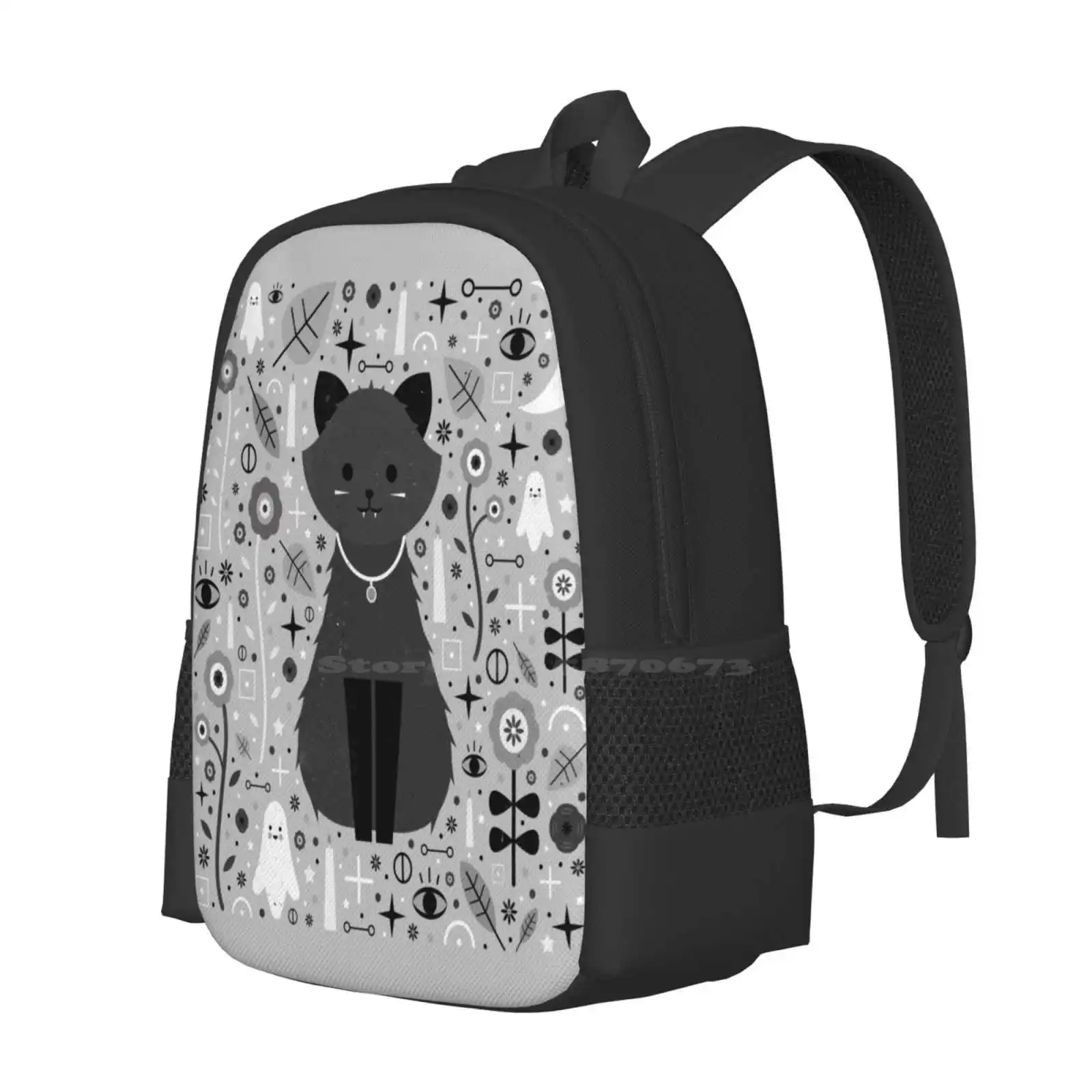 Kitten Fang School Bags For Teenage Girls Laptop Travel Bags Kitten Cat Baby Animal Fang Halloween Spooky Grey Black White