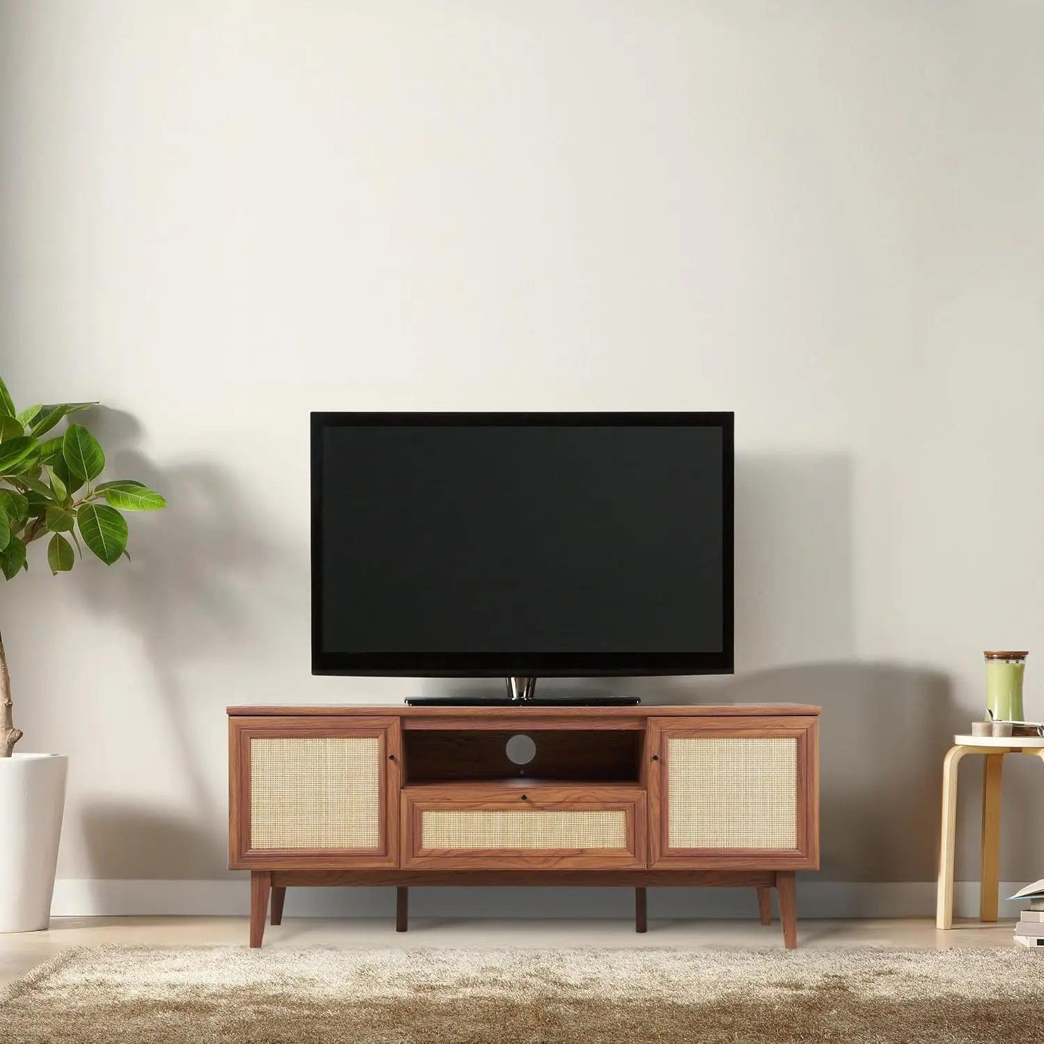 Woven Cane 1-Drawer Media Console TV Stand Walnut 59