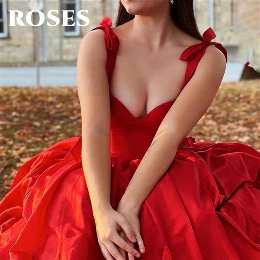 

ROSES Red Evening Dress Spaghetti Strap A-Line Party Dress with Pleats Satin Vestido De Novia Sexy Sweetheart Bow Prom Dresses