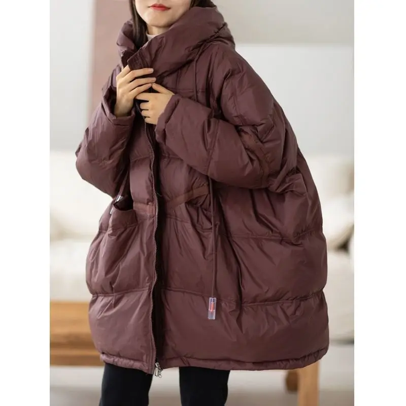 

Winter Large Version Silhouette Design Jacket Hooded Large Size Thickened Medium and Long White Duck Down Padded Jacket Women