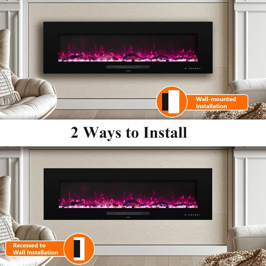 50 Camino Elettrico da Incasso e Riscaldatore a Parete con Fiamma a 13 Colori e Letto Carburante 5 Impostazioni Dimmer Touchscreen Inte
