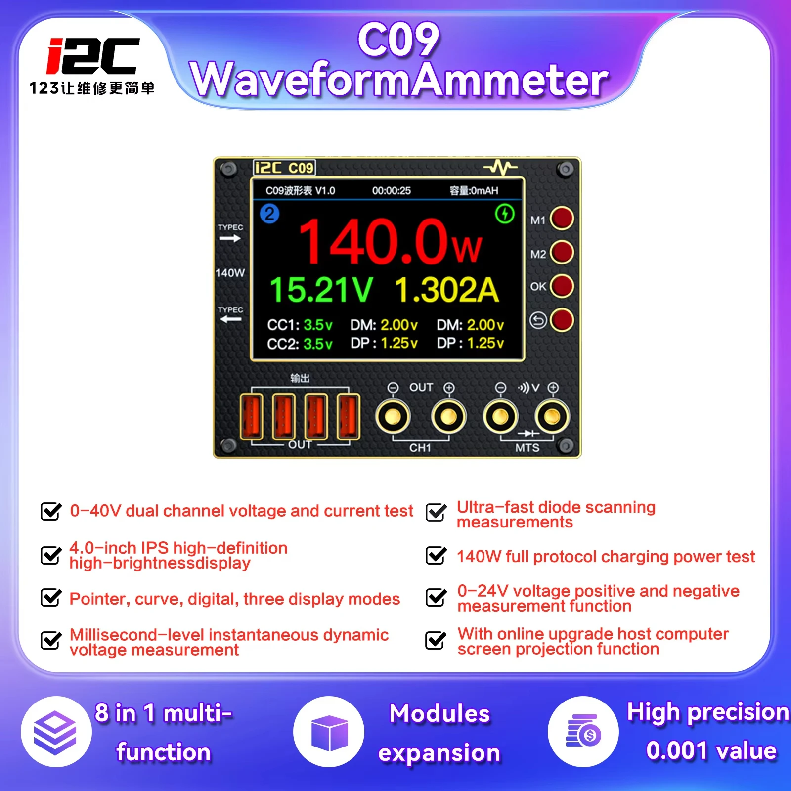 I2C C09 Dual Channel Waveform Ammeter 0-40V, 4-Inch HD Display for Fast Voltage Current & Diode Test
