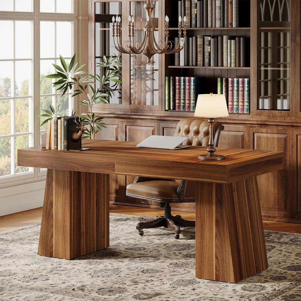 في. مكتب تنفيذي خشبي بني مستطيل حديث مع قاعدة مزدوجة، طاولة كمبيوتر للمكتب