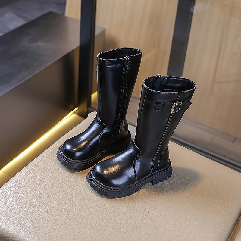Winter ZIP Fashion Belt Buckle Cool Girls Warm Square Heel Round Toe Casual Knee High Booties Comfortable Kids Black Mid Boots