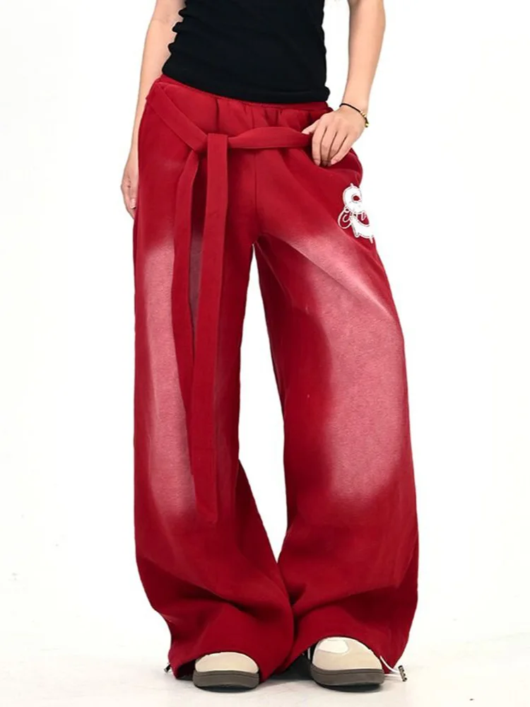 Harajuku Y2K Vintage Belt Pants Women Vintage High Waist Gradient Wide Leg Trousers American Streetwear Letter Bf Gothic Pant