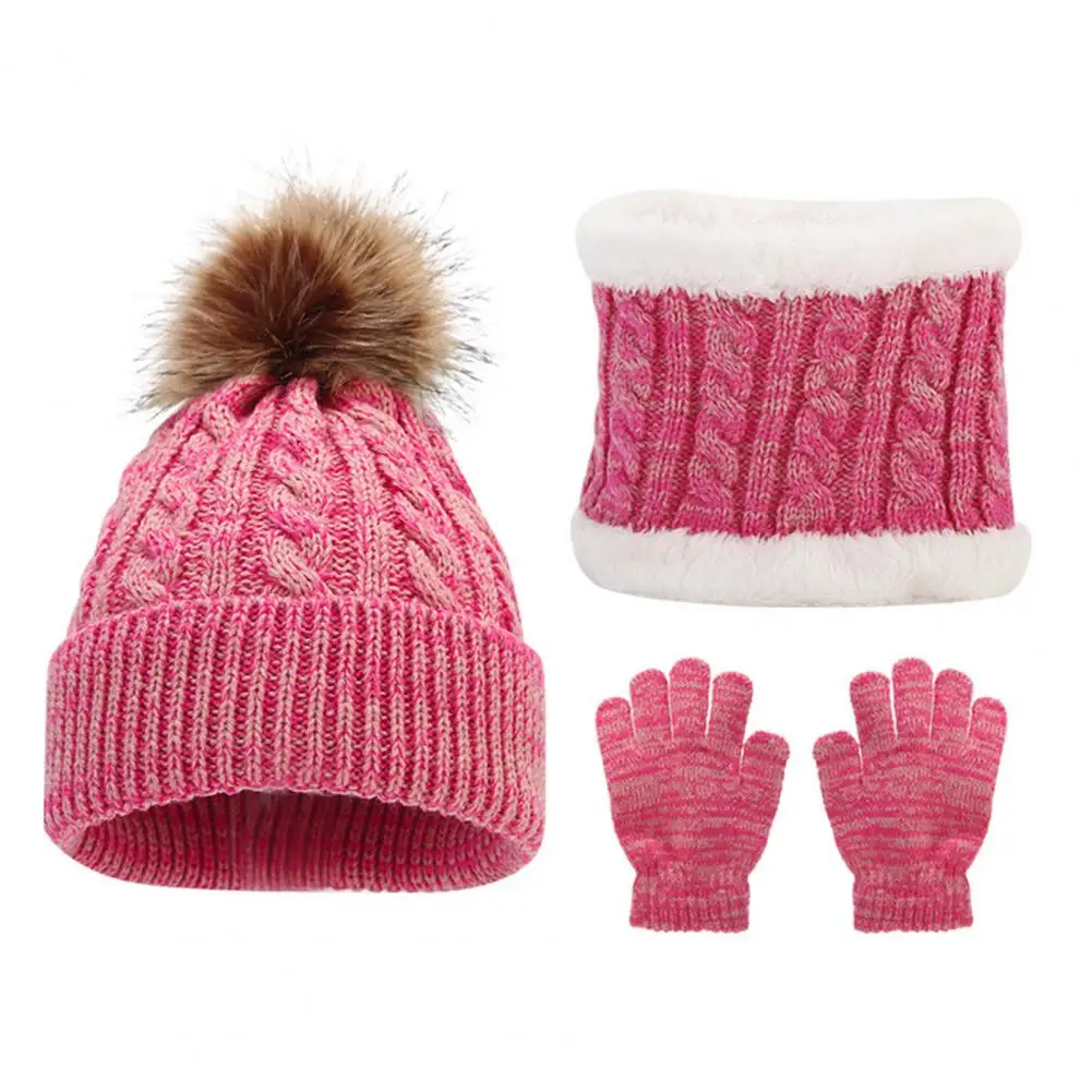 Children Hat Gloves Scarf Set Cozy Stylish Children\'s Winter Accessories Set Knitted Hat Gloves Scarf with Plush Ball for Full