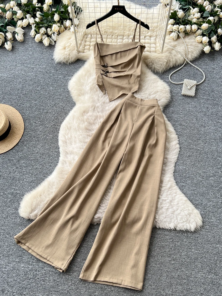 

Elegant Commuter Style Two-Piece Set Women's Slim Fit Tank Top Wide Leg Pants Ensemble Summer Fashion High Waist Pants