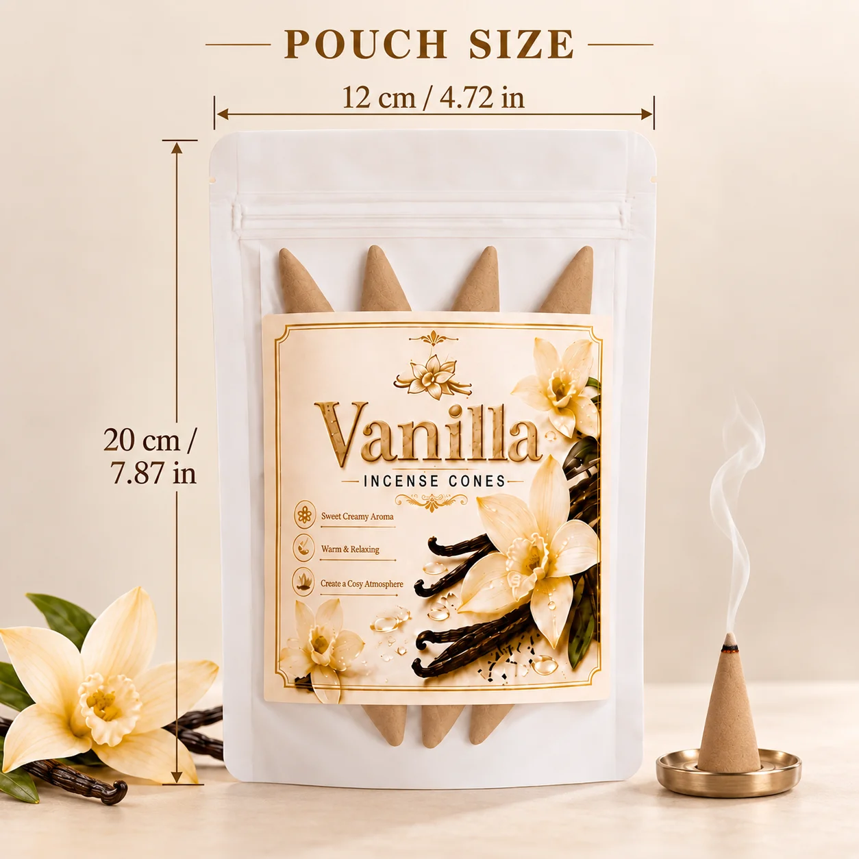 Vanilla Incense Cones, Natural and Handmade, Long-Lasting and Slow-Burning, Warm and Sweet Fragrance for Relaxation and Sleep, Cozy Home Fragrance, Yoga Meditation, Indoor and Outdoor Use