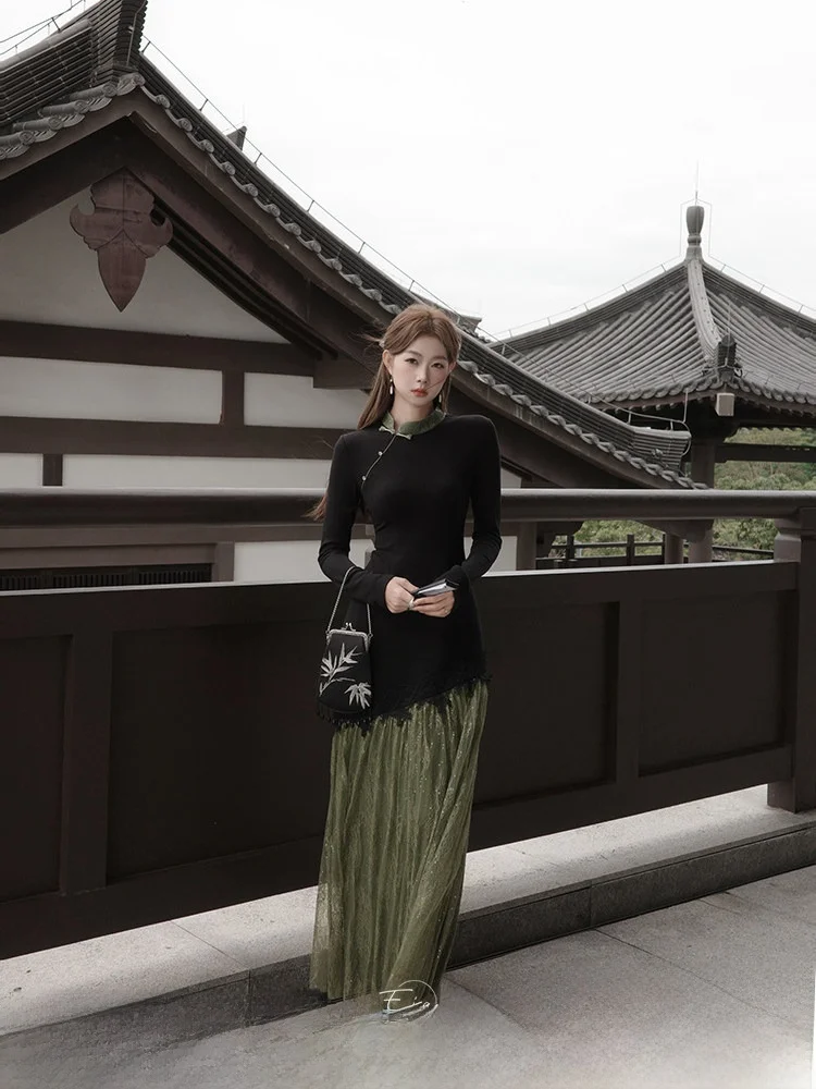 

New Chinese Sle EIA One Yao Liangzhou Word Retro Dr Women's Autumn Winter Waist Cinching Long Dr