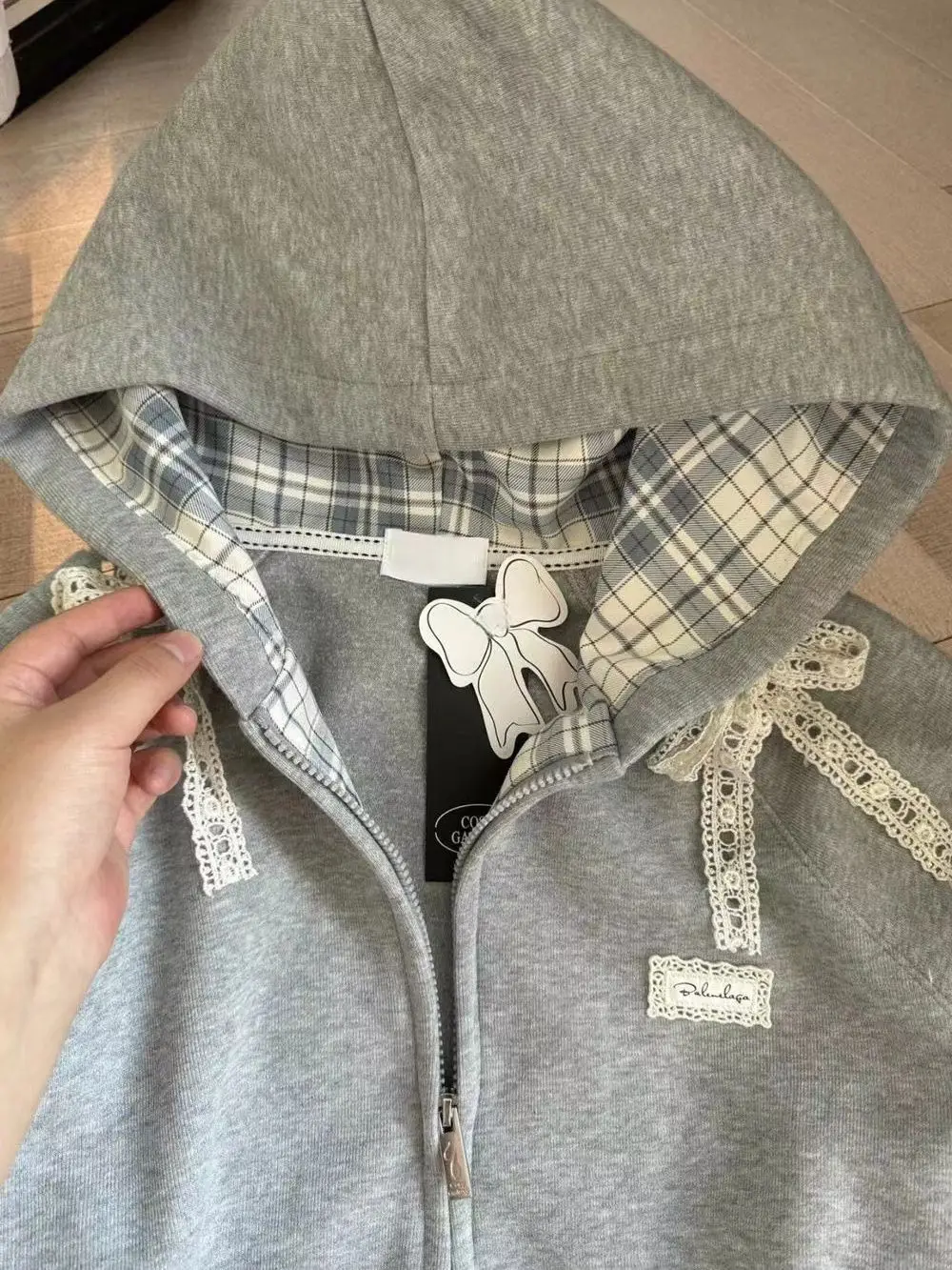 Gaganight Women Grey Bow Spliced Checkered Hooded Sweatshirt 2024 Autumn Winter New Loose Lazy Korean Chic Casual Female Jacket