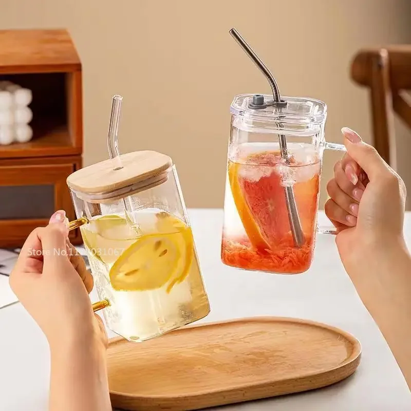 

600ML Glass Cups with Bamboo/acrylic Lids & Straws Glasses Drinking,Glass Tumbler Iced Coffee Cups,Home Essentials Gift