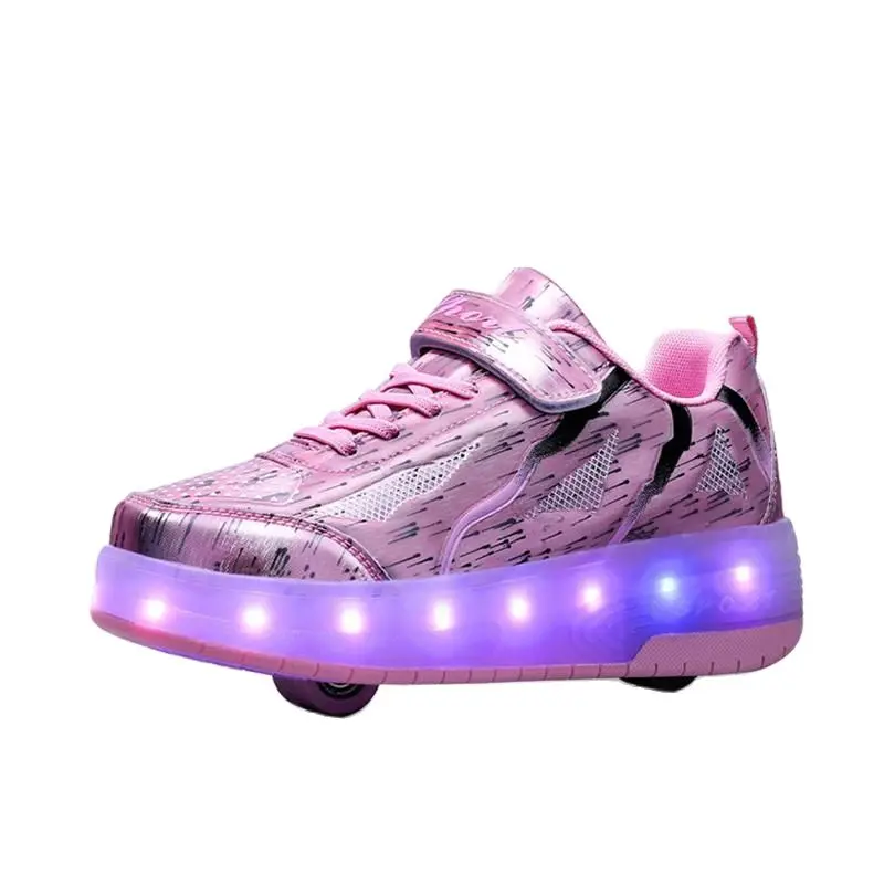 Girls Kids Roller Skates Skating Shoes Sliding Sneakers Outdoor Gym Sports Skate Shoes USB Led Light 2 Wheels Convertible Gift