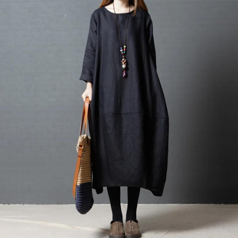 Women Elegant Long Sleeve Autumn Maxi Kaftan Dress Korean Fashion Female Cotton Linen Robe Long Dresses Casual Vintage Vestidos