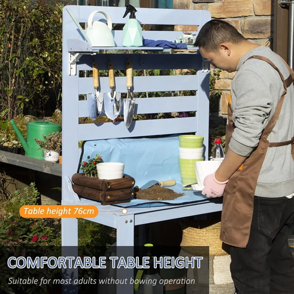 Stół ogrodowy do doniczek - stacja robocza z litego drewna na zewnątrz, ławka ogrodnicza z haczykami, trwały stół do doniczek na zewnątrz