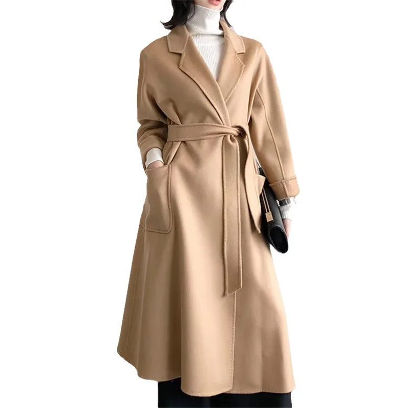 2023 Korean Women Handmade Corrugated Water Ripples Coat Double-sided Cashmere Wool Long Woolen Jacket Cashmere Coat Outerwear