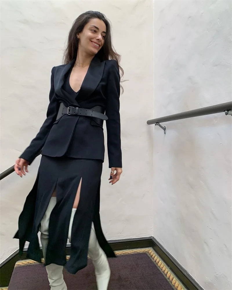 Conjuntos de oficina de 2 piezas para mujer, traje negro, Blazer hecho a medida con cinturón + falda Spllit, vestido Formal de diseñador para fiesta de noche