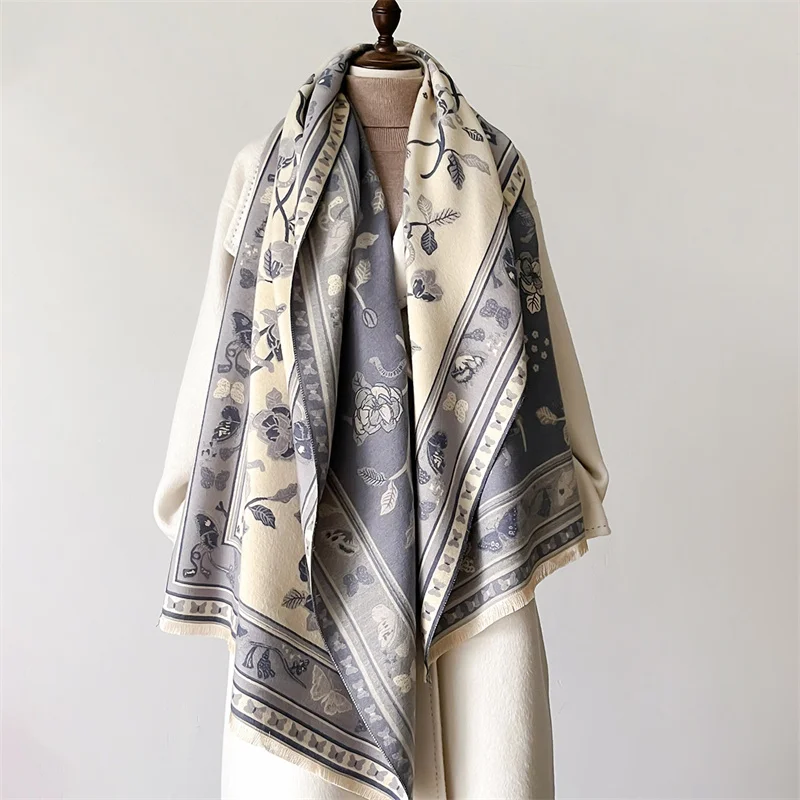 2024 Floral Print Winter Scarf Cashmere Thicken Warm Women Shawl Pashmina Female Wrap HIjab Foulard Neckerchief