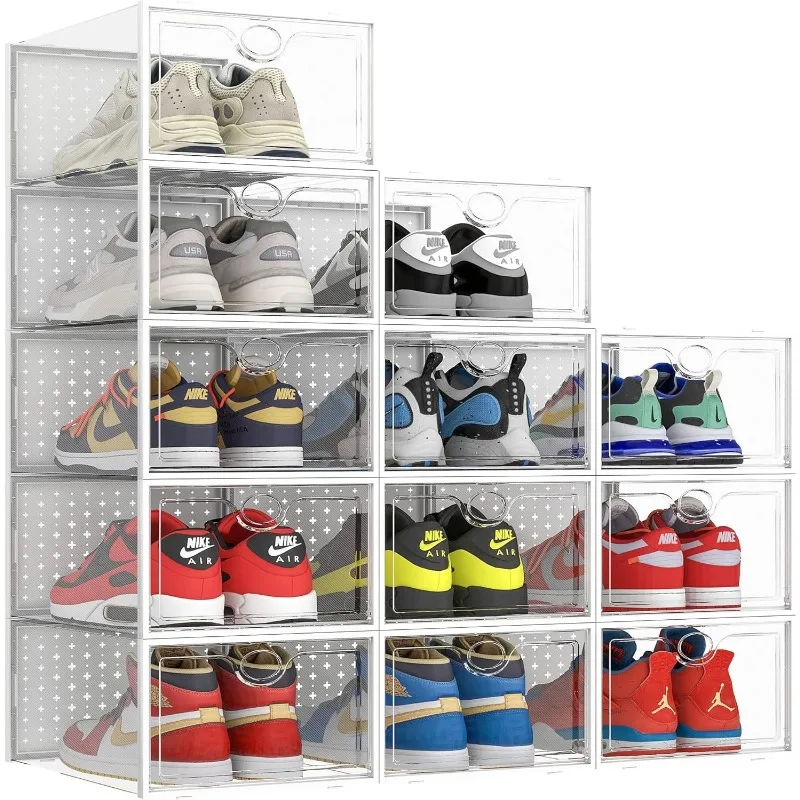 XXL Larger Shoe Storage Boxes Fit Size 14, Clear Plastic Stackable Shoe Organizer 12 Pack Sneaker Storage for Sneakerheads Shoe