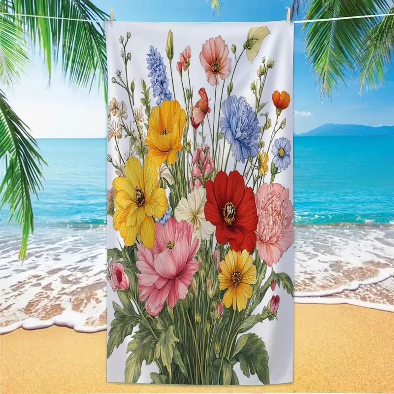 Watercolor Flower Bouquet Beach Towel Vibrant Floral Art Print Quick Dry Sandproof Absorbent Towel for Beach Travel Vacation