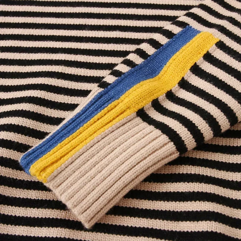 2023 شتاء دافئ 3 4 5 6 8 10 12 سنة في سن المراهقة سماكة عالية الرقبة محبوك الياقة المدورة اللون سويتر مقلم للطفل أطفال بنين