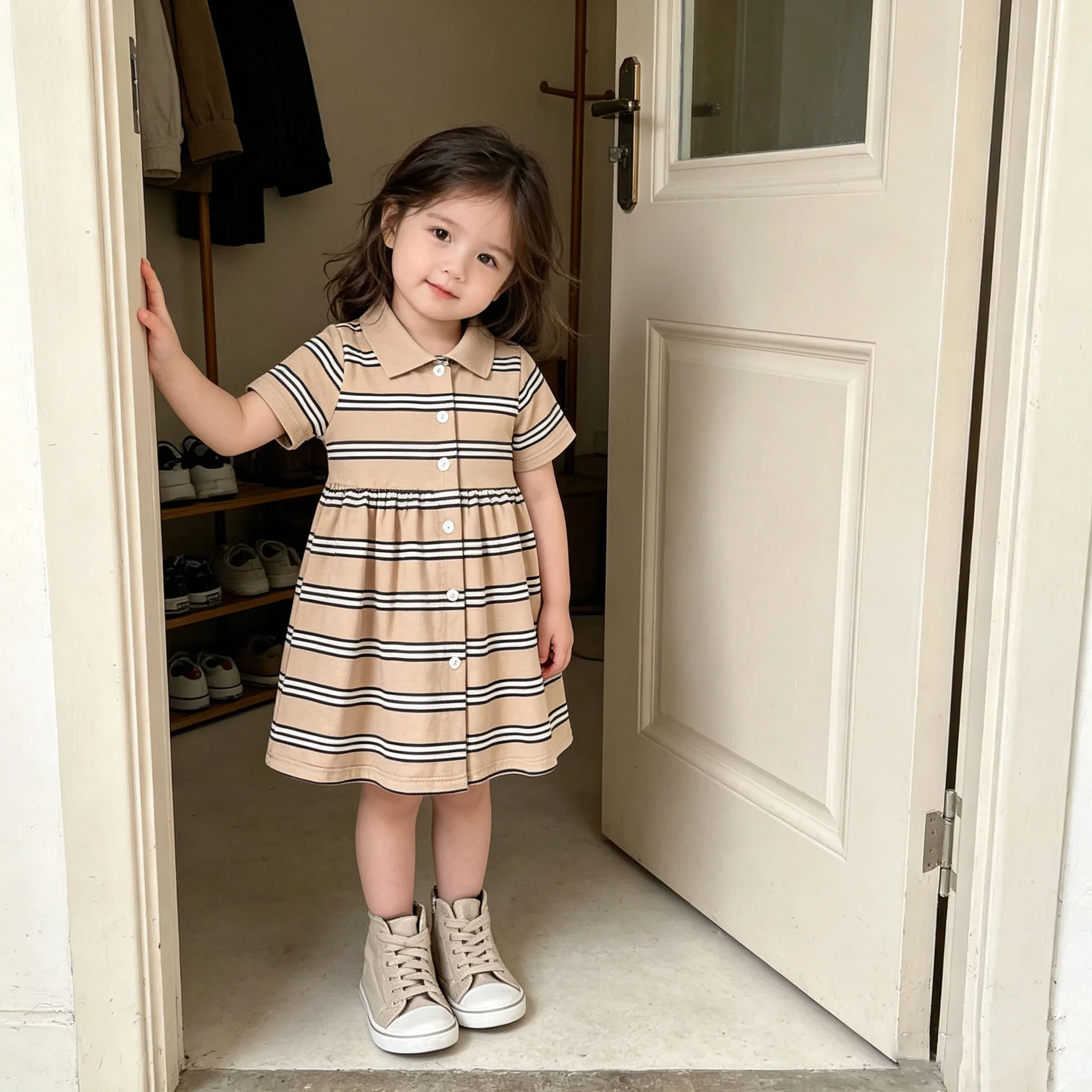 Toddler Baby Girl Striped Polo Dress, Short Sleeve Front Button A-Line Swing Dress, Kids Casual Summer Outfit Soft  Comfortable
