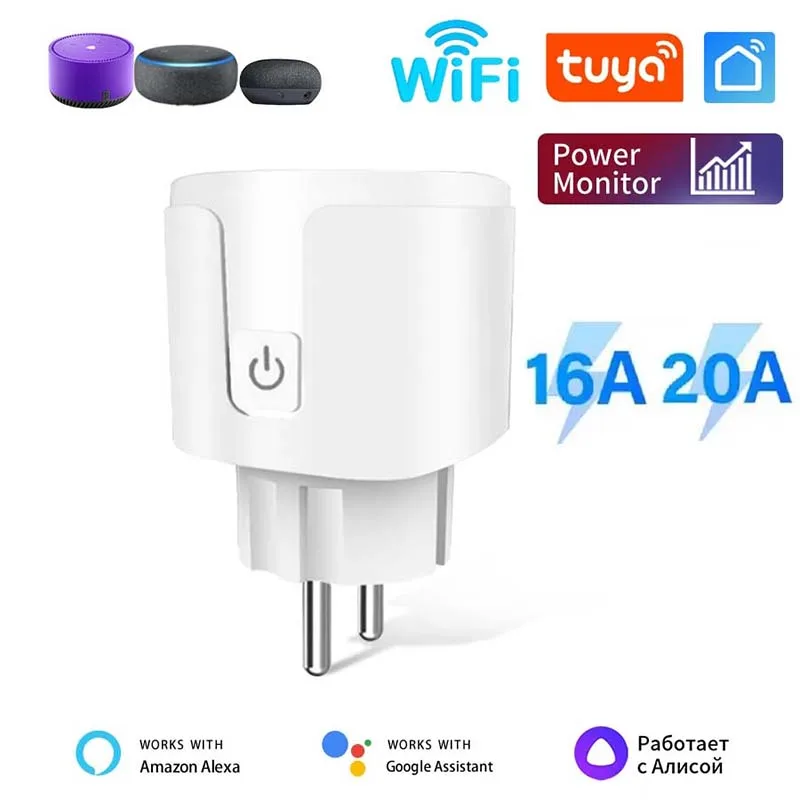

Умная розетка Tuya EU 16A 20A Умная розетка Wi-Fi с мониторингом мощности и синхронизацией Alexa Google Assistant Alice Умная розетка с голосовым управлением