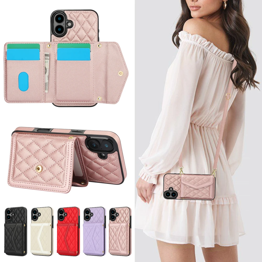

Leather Phone Case for iPhone 16 Plus iPhone16plus Card Pocket Crossbody Lanyard Wallet Back Cover Shell Protective Stand Holder