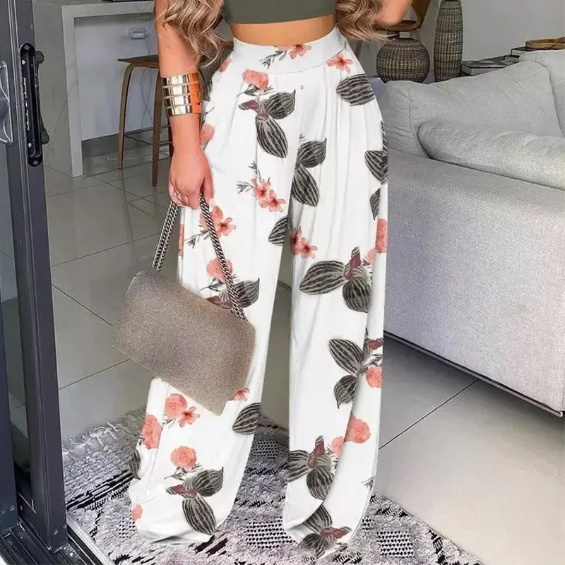 New Streetwear Womens Clothing Elastic Waist Trousers Cotton Blend Multi-element Printing Loose-fitting Casual Wide Leg Pants