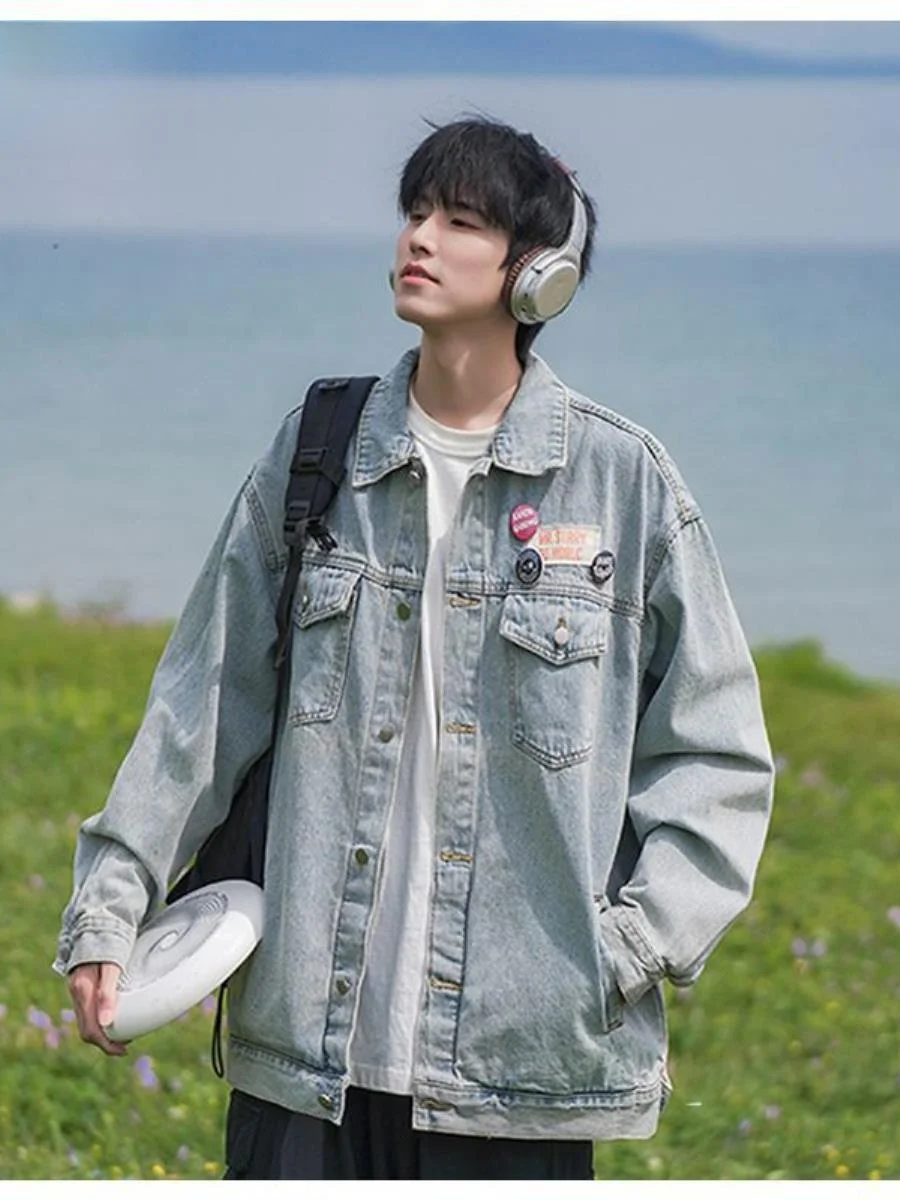 

Retro American Sle Men's Denim Jaet Babe Vintage Workwear Loose Fit Casual Outerwear ort Length Spring Season