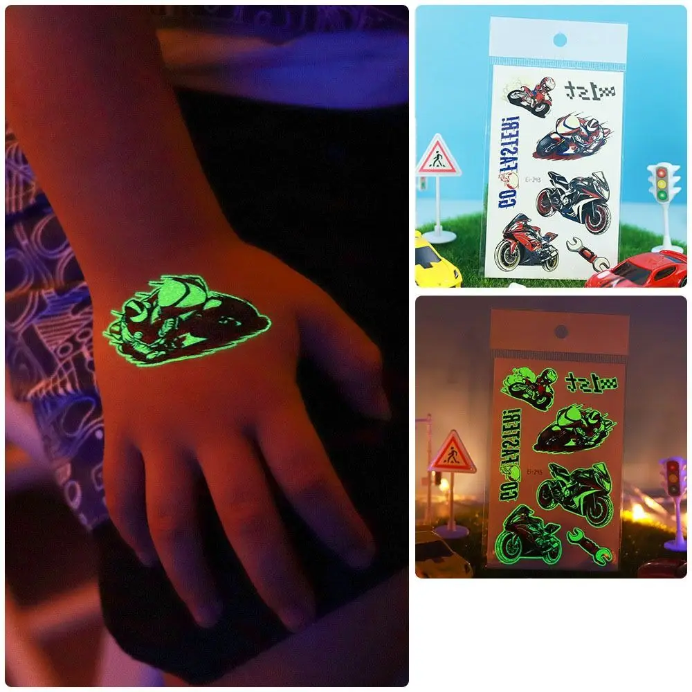 4 Sheets Glow In The Dark Luminous Tattoo Stickers Cool Racing Motorcycle Waterproof Glitter Tattoo Stickers Fake Tattoo Kids