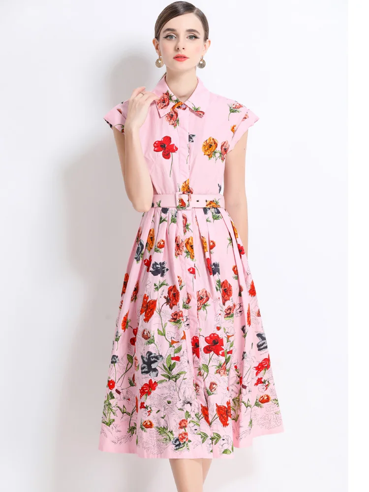 รันเวย์ Designer ดอกไม้พิมพ์เสื้อแขนสั้นชุดผู้หญิงฤดูร้อนแฟชั่นเดี่ยวลําลองเข็มขัด Party Dresses หญิง