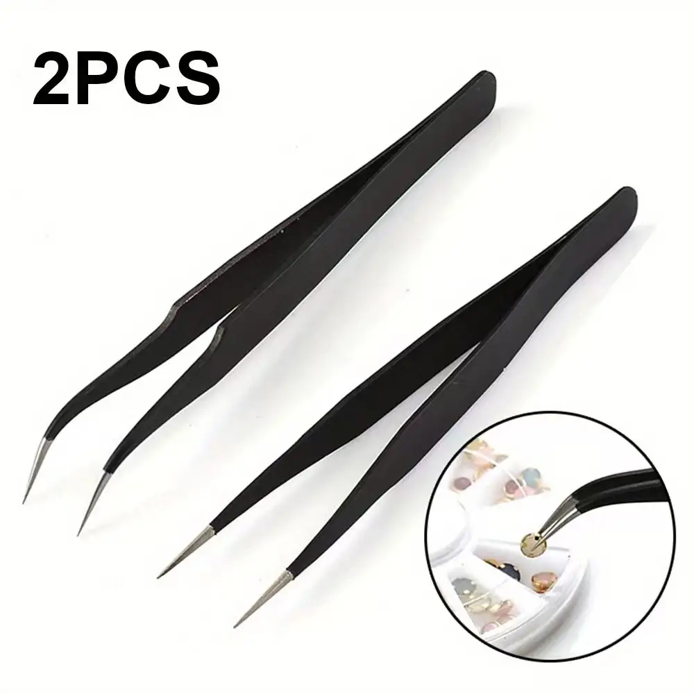Pinzette 2 pezzi Clip fatta a mano fai-da-te, pinzette nere Gomito dritto Pinzette nere dritte curve in acciaio inossidabile per strass per nail art