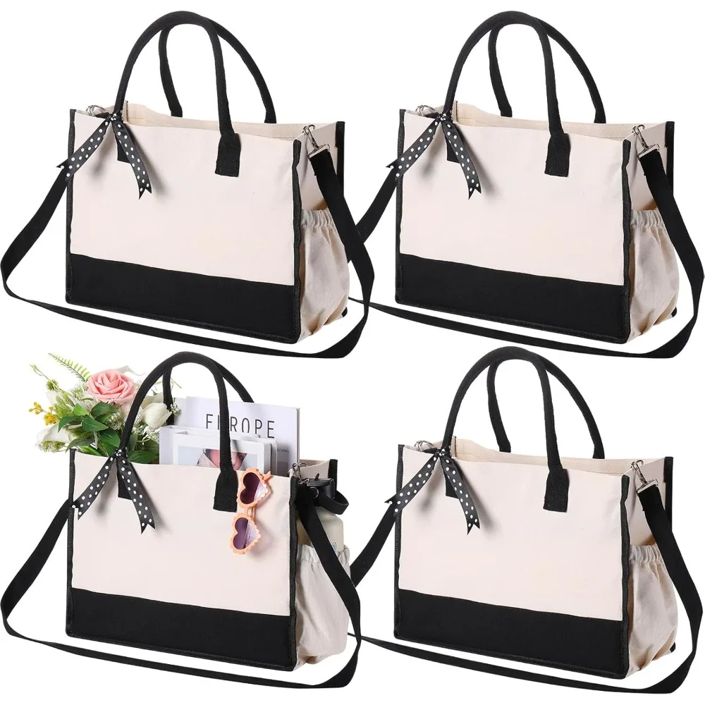 حقيبة قماشية مع أشرطة كتف، 8 عبوات، أبيض وأسود، جيوب بسحاب، مثالية لتسوق البقالة، هدية نسائية، DIY #6