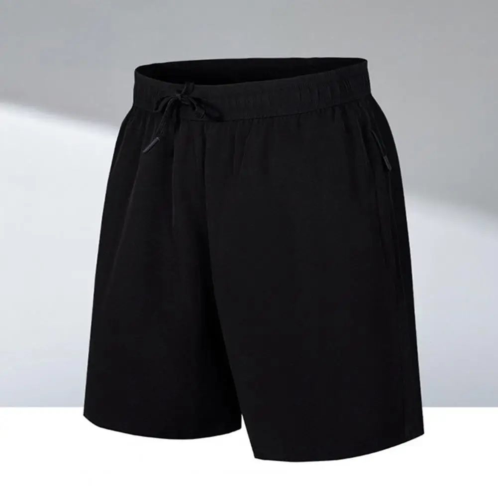 Men Loose Shorts Quick-dry Beach Shorts with Zipper Pockets for Men Elastic Drawstring Waist Fitness Shorts Solid Color Wide Leg