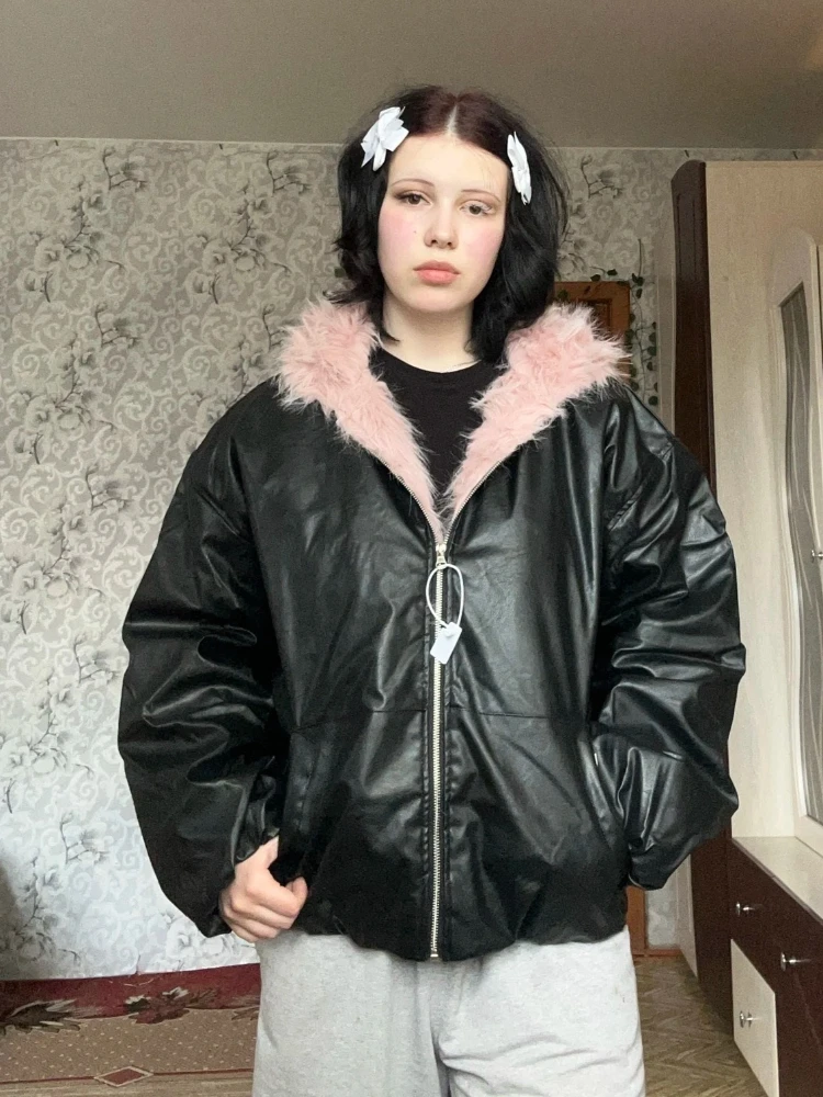 Pink Faux Fur Trim Y2K Streetwear Women's Oversized PU Leather Hooded Winter Parka Coat Warm Casual Daily Fashion Outerwear 2026