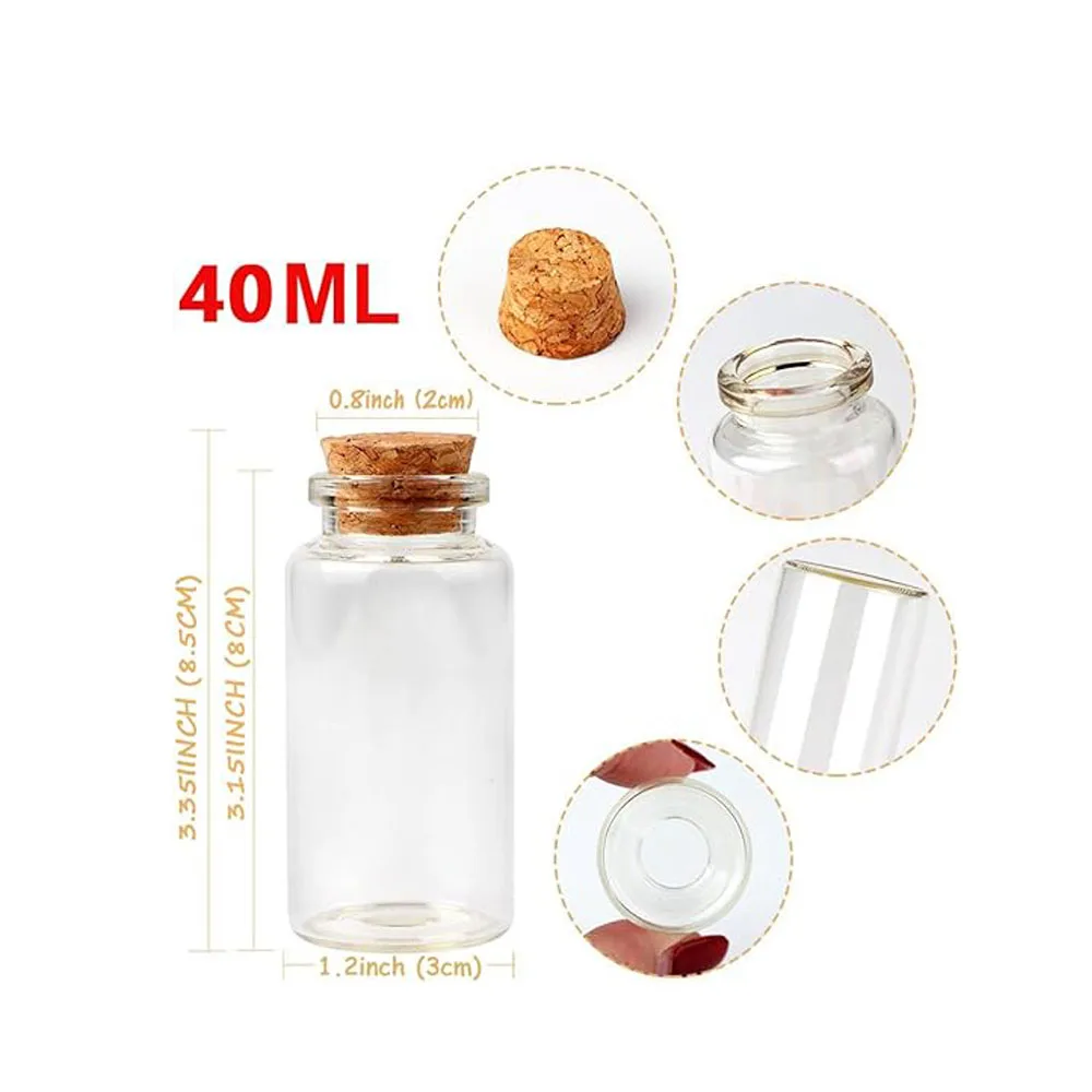 32Pcs Small Glass Bottles with Cork Lids 40ml Mini Jars Glass Vials with Wooden Corks Tags and Hemp Ropes for Weddings DIY Craft